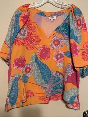 Umgee Orange Floral V-Neck Blouse with Pink & Blue Accents Puff Sleeve